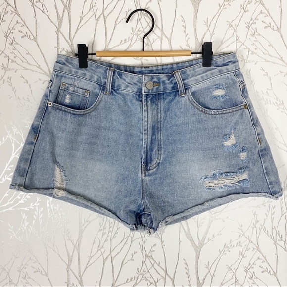 SHEIN Distressed High-Waist Jean Shorts Raw Hem L - Picture 1 of 7